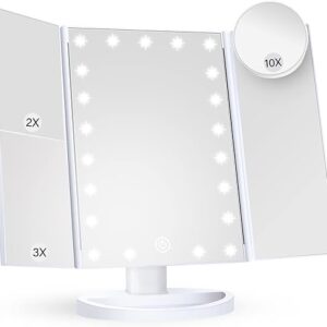 Makeup Mirror Vanity Mirror with Lights, 2X 3X 10X Magnification, Lighted Makeup Mirror, Touch Control, Trifold Makeup Mirror, Dual Power Supply,...